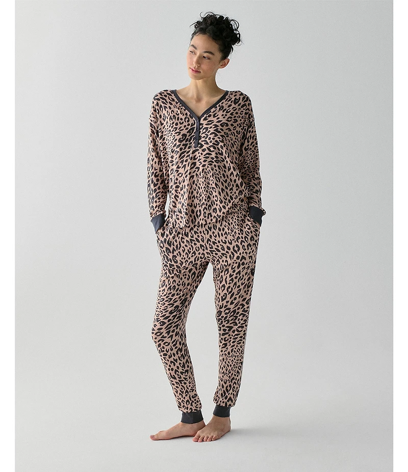 kate spade new york Long Sleeve V-Neck Henley Sweater Knit Animal Print Jogger Pajama Set