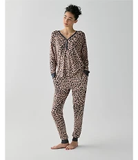kate spade new york Long Sleeve V-Neck Henley Sweater Knit Animal Print Jogger Pajama Set