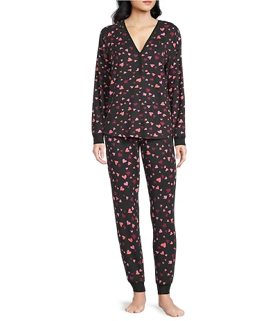kate spade new york Long Sleeve V-Neck Henley Sweater Knit Heart Swirl Print Jogger Pajama Set