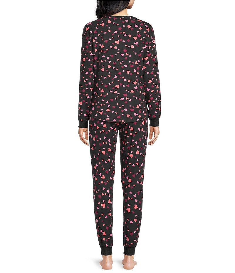 kate spade new york Long Sleeve V-Neck Henley Sweater Knit Heart Swirl Print Jogger Pajama Set