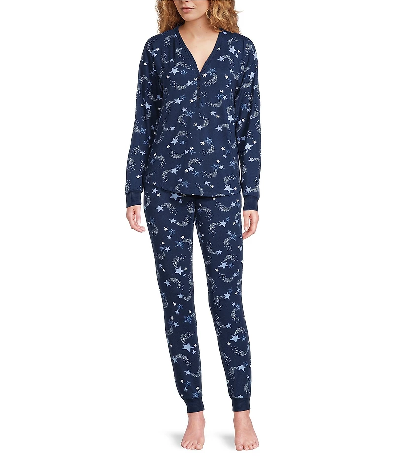 kate spade new york Long Sleeve V-Neck Henley Sweater Knit Sparkling Stars Print Jogger Pajama Set