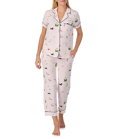 kate spade new york Mischievous Pets Novelty Short Sleeve Notch Collar Button Front Jersey Knit Cropped Pajama Set