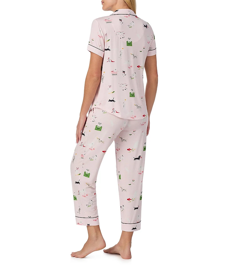 kate spade new york Mischievous Pets Novelty Short Sleeve Notch Collar Button Front Jersey Knit Cropped Pajama Set