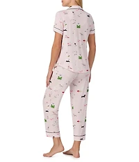 kate spade new york Mischievous Pets Novelty Short Sleeve Notch Collar Button Front Jersey Knit Cropped Pajama Set