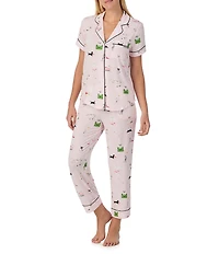 kate spade new york Mischievous Pets Novelty Short Sleeve Notch Collar Button Front Jersey Knit Cropped Pajama Set