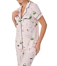 kate spade new york Mischievous Pets Novelty Short Sleeve Notch Collar Button Front Jersey Knit Cropped Pajama Set