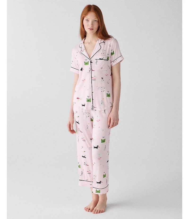 kate spade new york Mischievous Pets Novelty Short Sleeve Notch Collar Button Front Jersey Knit Cropped Pajama Set
