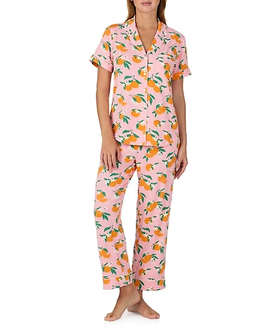 kate spade new york Orange Floral Print Short Sleeve Notch Collar Jersey Knit Cropped Pajama Set
