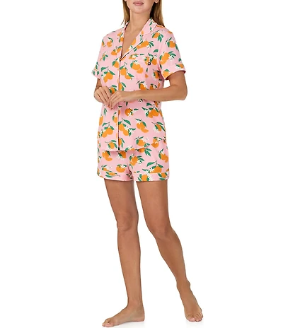 kate spade new york Orange Floral Print Short Sleeve Notch Collar Jersey Knit Shorty Pajama Set