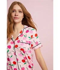 kate spade new york Painterly Cherries Short Sleeve Notch Collar Button-Front Knit Cropped Pajama Set