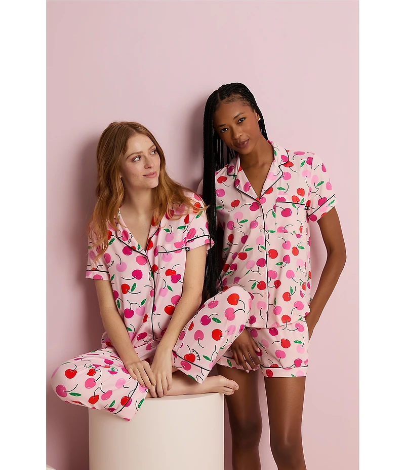 kate spade new york Painterly Cherries Short Sleeve Notch Collar Button-Front Knit Cropped Pajama Set