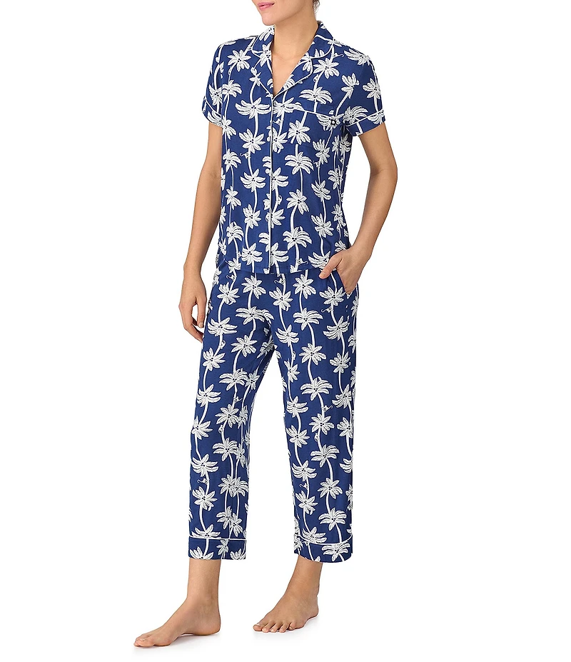 kate spade new york Palm Trees Printed Short Sleeve Notch Collar Knit Cropped Pajama Set