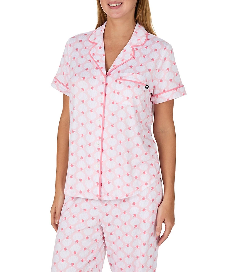 kate spade new york Pearl Shells Print Short Sleeve Notch Collar Brushed Jersey Knit Cropped Pajama Set