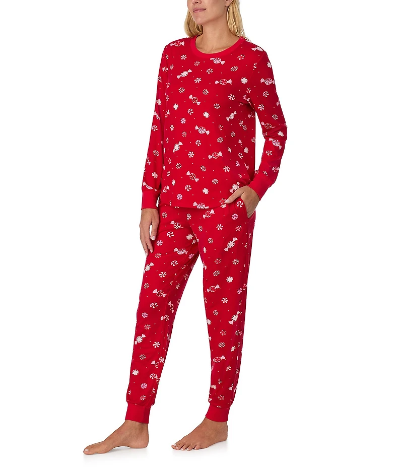 kate spade new york Peppermint Print Long Sleeve Crew Neck Top & Jogger Long Knit Holiday Pajama Set
