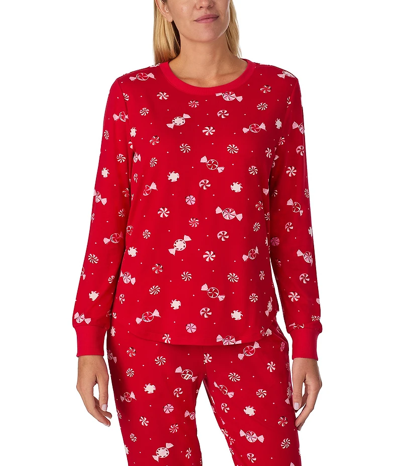 kate spade new york Peppermint Print Long Sleeve Crew Neck Top & Jogger Long Knit Holiday Pajama Set