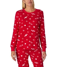 kate spade new york Peppermint Print Long Sleeve Crew Neck Top & Jogger Long Knit Holiday Pajama Set