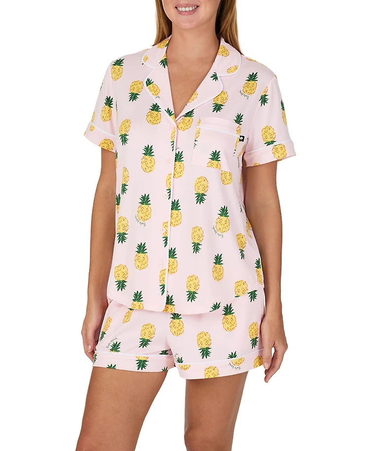 kate spade new york Pineapple Print Short Sleeve Notch Collar Brushed Jersey Knit Shorty Pajama Set
