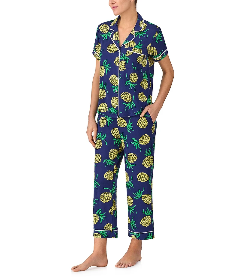 kate spade new york Pineapple Toss Short Sleeve Notch Collar Button-Front Knit Cropped Pajama Set