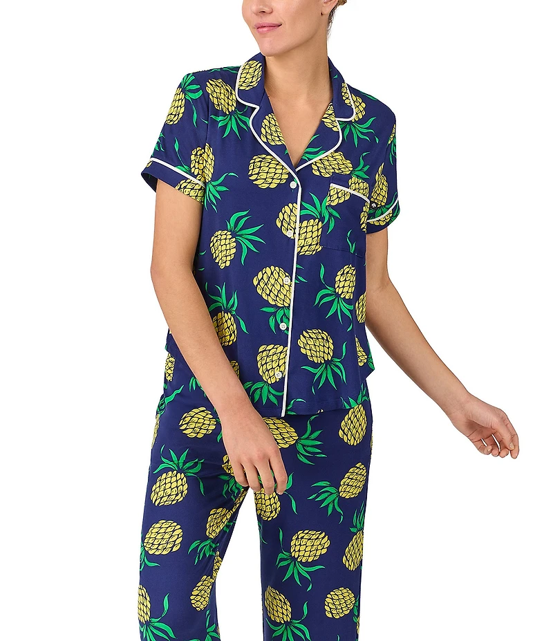 kate spade new york Pineapple Toss Short Sleeve Notch Collar Button-Front Knit Cropped Pajama Set