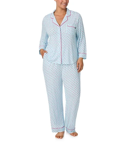kate spade new york Plus Size 3/4 Sleeve Notch Collar Jersey Knit Mini Hearts Print Valentine's Day Long Pajama Set