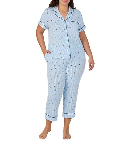 kate spade new york Plus Size Buzzing Bee Stripe Print Short Sleeve Notch Collar Jersey Knit Cropped Pajama Set