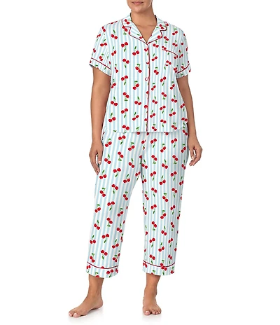 kate spade new york Plus Size Cherry Striped Print Short Sleeve Notch Collar Jersey Knit Cropped Pajama Set