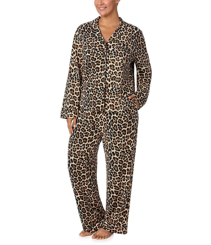 kate spade new york Plus Size Cozy Jersey Knit Animal Print Long Sleeve Notch Collar Holiday Pajama Set