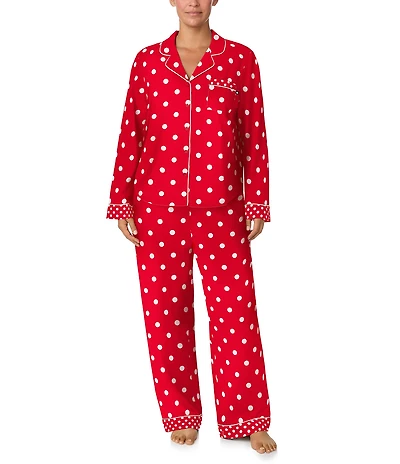 kate spade new york Plus Size Cozy Jersey Knit Dotted Long Sleeve Notch Collar Holiday Pajama Set