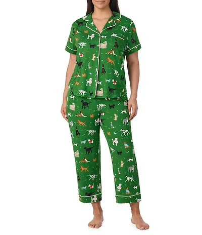 kate spade new york Plus Size Dog Print Short Sleeve Notch Collar Brushed Jersey Knit Cropped Pajama Set