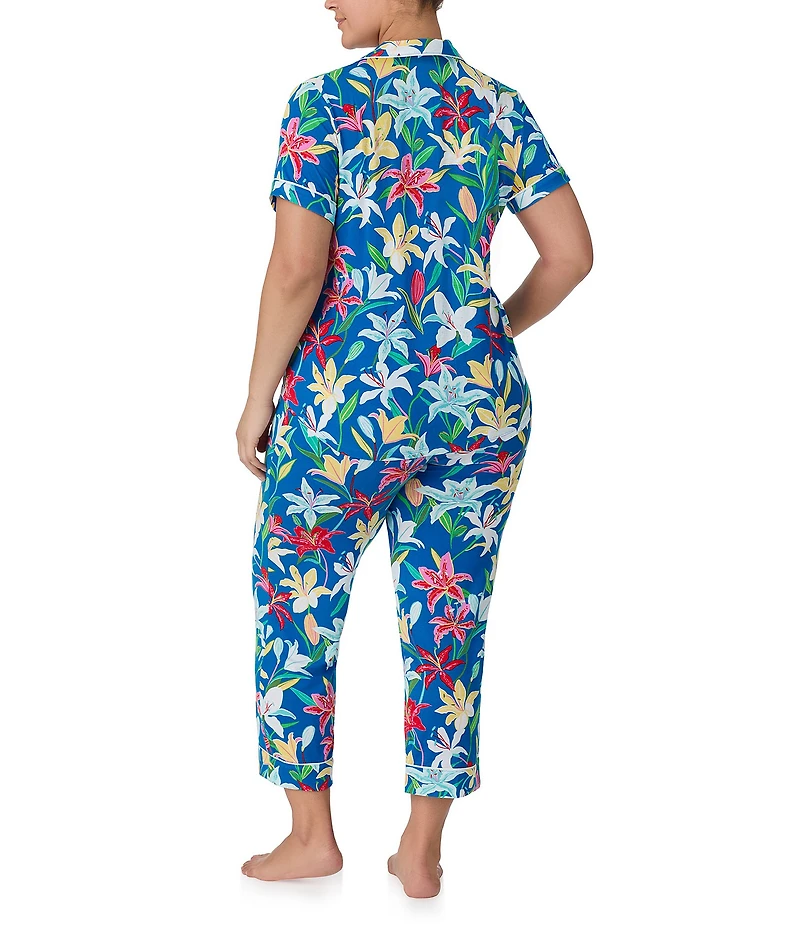 kate spade new york Plus Size Floral Print Short Sleeve Notch Collar Knit Cropped Pajama Set