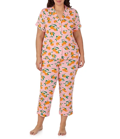 kate spade new york Plus Size Orange Floral Print Short Sleeve Notch Collar Jersey Knit Cropped Pajama Set