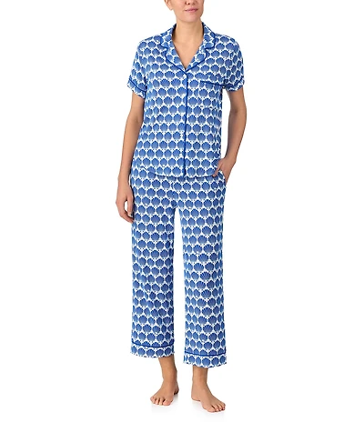 kate spade new york Shell Geo Short Sleeve Notch Collar Button-Front Knit Cropped Pajama Set