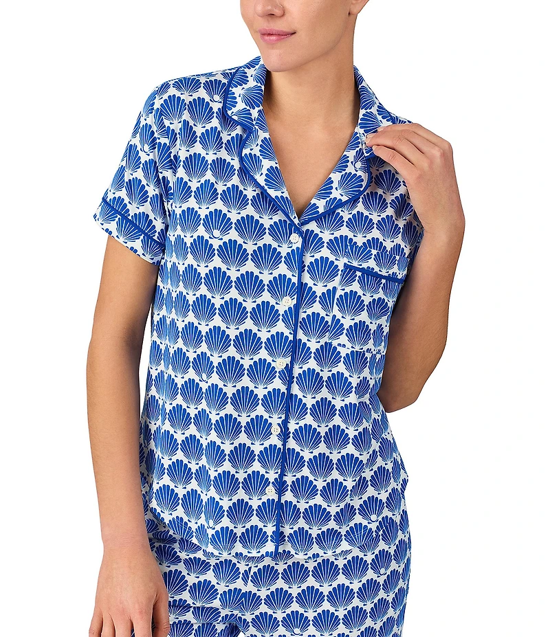 kate spade new york Shell Geo Short Sleeve Notch Collar Button-Front Knit Cropped Pajama Set