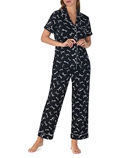 kate spade new york Short Sleeve Notch Collar Button-Front Jersey Knit Bow Print Cropped Pajama Set
