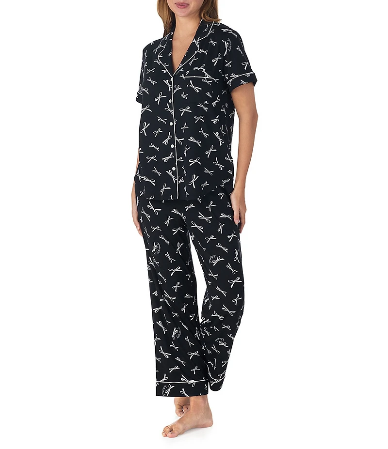 kate spade new york Short Sleeve Notch Collar Button-Front Jersey Knit Bow Print Cropped Pajama Set