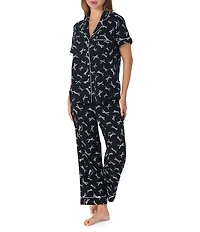 kate spade new york Short Sleeve Notch Collar Button-Front Jersey Knit Bow Print Cropped Pajama Set