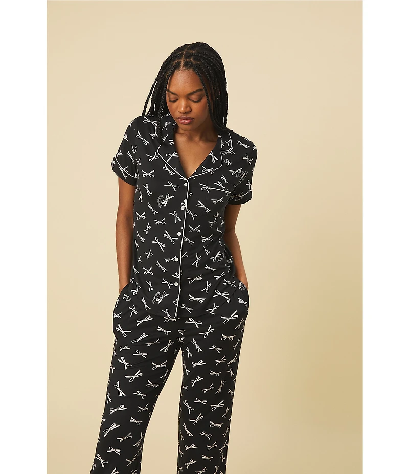kate spade new york Short Sleeve Notch Collar Button-Front Jersey Knit Bow Print Cropped Pajama Set