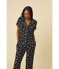 kate spade new york Short Sleeve Notch Collar Button-Front Jersey Knit Bow Print Cropped Pajama Set