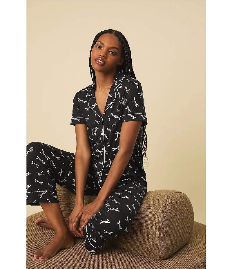 kate spade new york Short Sleeve Notch Collar Button-Front Jersey Knit Bow Print Cropped Pajama Set