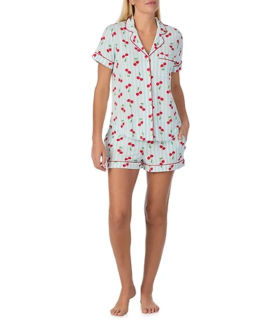 kate spade new york Short Sleeve Notch Collar Jersey Knit Charming Cherries Print Shorty Pajama Set