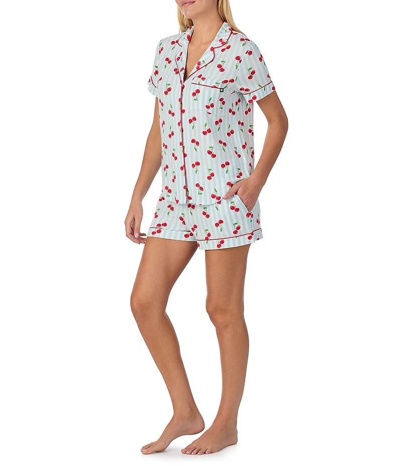 kate spade new york Short Sleeve Notch Collar Jersey Knit Charming Cherries Print Shorty Pajama Set