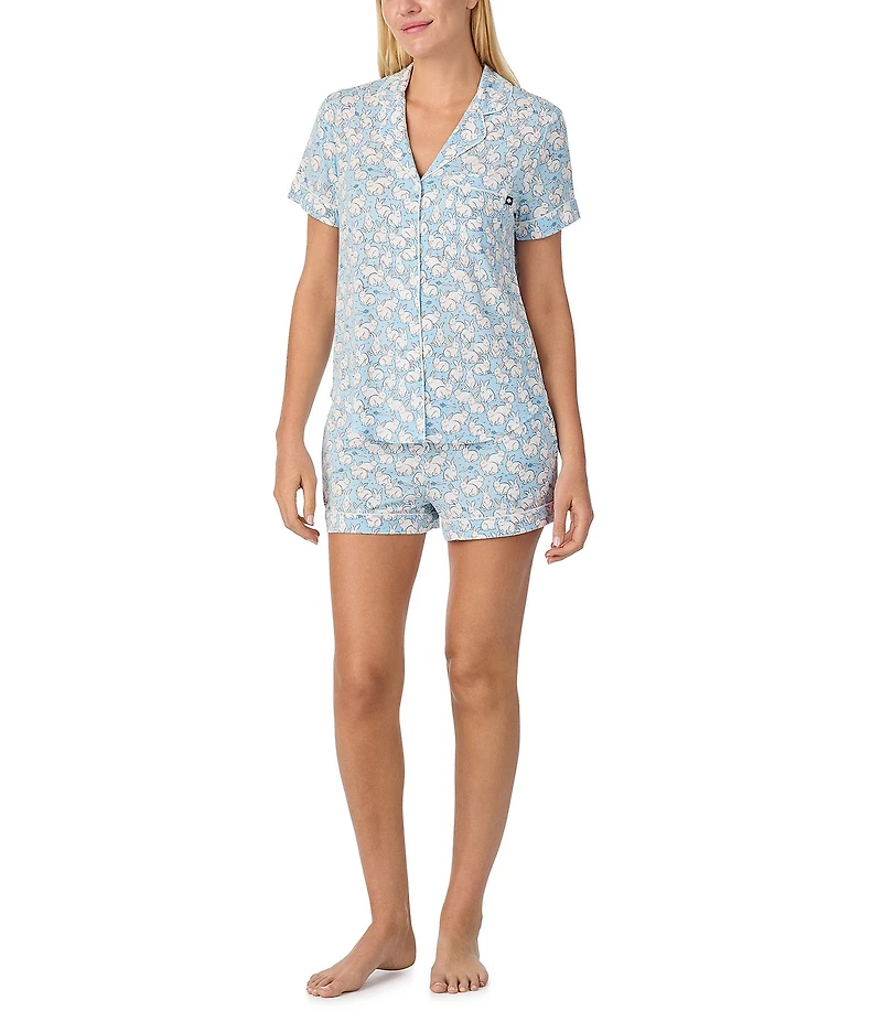 kate spade new york Short Sleeve Notch Collar Jersey Knit Cheerful Bunnies Shorty Pajama Set