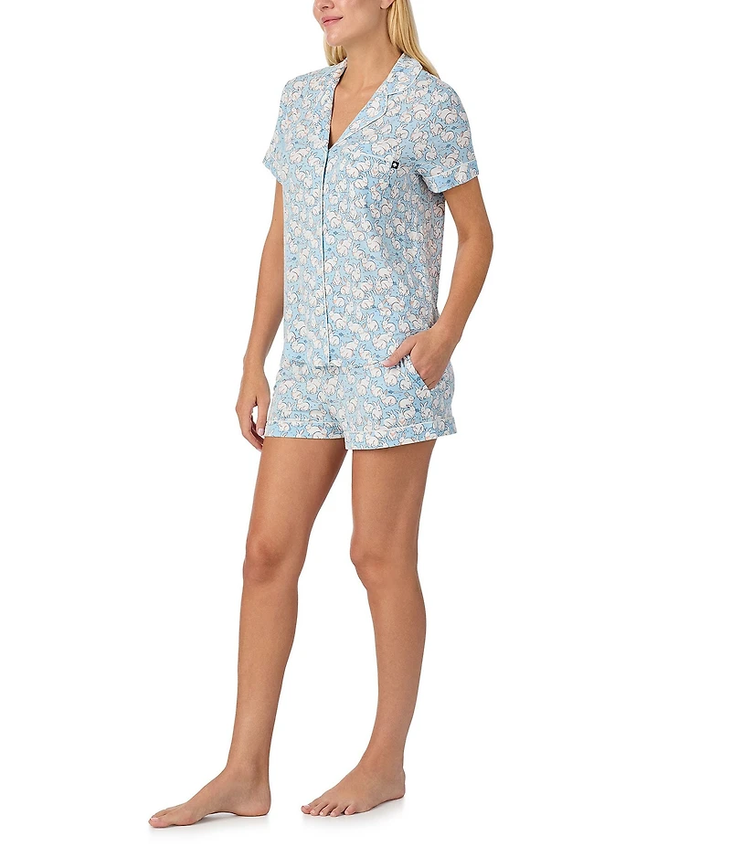 kate spade new york Short Sleeve Notch Collar Jersey Knit Cheerful Bunnies Shorty Pajama Set