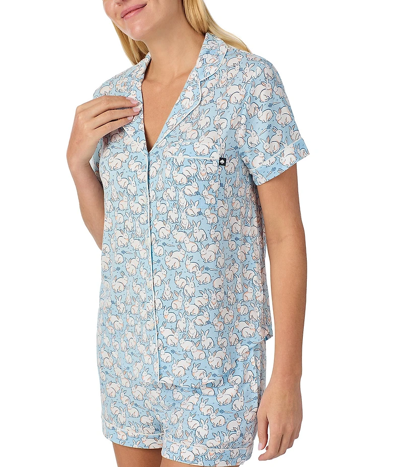 kate spade new york Short Sleeve Notch Collar Jersey Knit Cheerful Bunnies Shorty Pajama Set