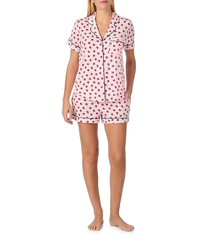 kate spade new york Short Sleeve Notch Collar Jersey Knit Ladybug Print Shorty Pajama Set