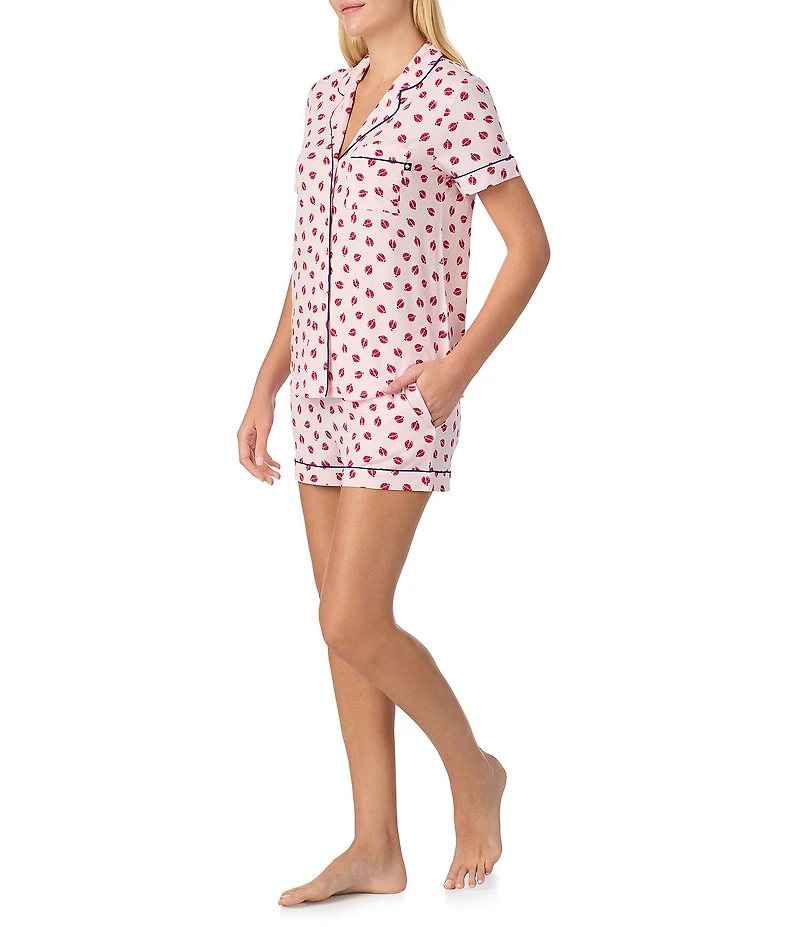 kate spade new york Short Sleeve Notch Collar Jersey Knit Ladybug Print Shorty Pajama Set