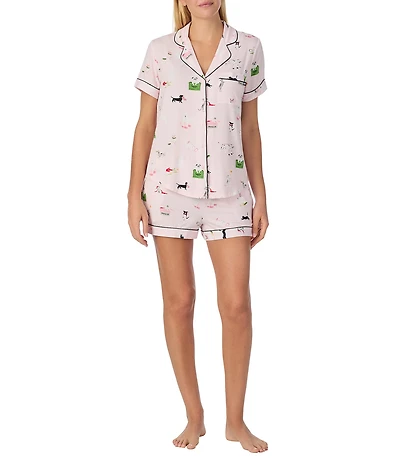 kate spade new york Short Sleeve Notch Collar Jersey Knit Mischievous Pets Print Shorty Pajama Set