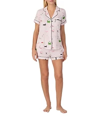 kate spade new york Short Sleeve Notch Collar Jersey Knit Mischievous Pets Print Shorty Pajama Set