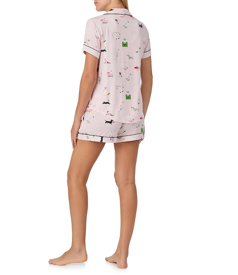 kate spade new york Short Sleeve Notch Collar Jersey Knit Mischievous Pets Print Shorty Pajama Set