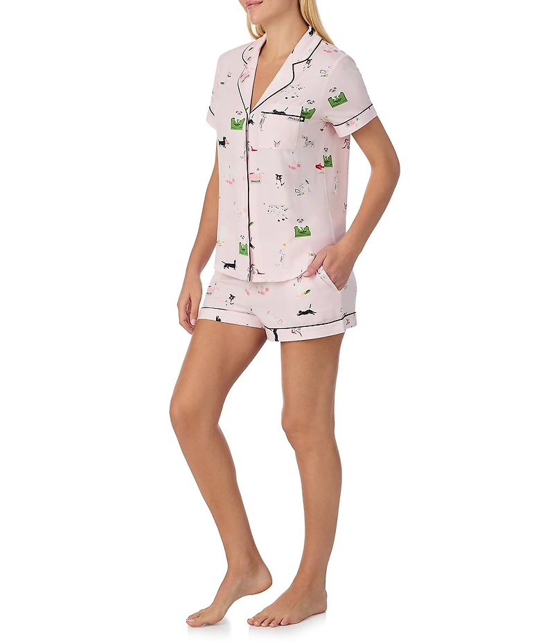 kate spade new york Short Sleeve Notch Collar Jersey Knit Mischievous Pets Print Shorty Pajama Set